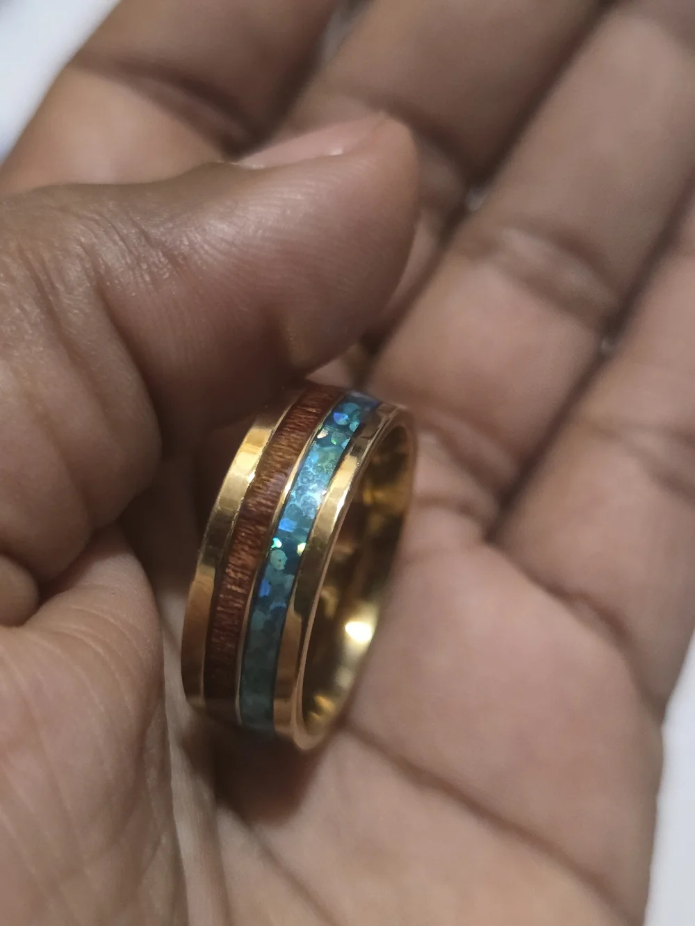 Gold-Tone Ring with Turquoise Inlay and Wood Accent - men's Jewelry